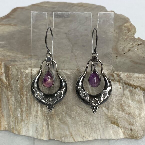VTG Oxidized Sterling Silver 925 1.86" Amethyst Cabochon Dangle Drop Earrings - Picture 11 of 16